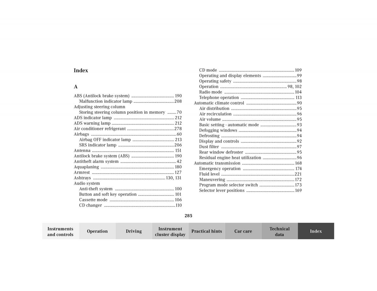 Mercedes Benz SL R129 owners manual / page 289