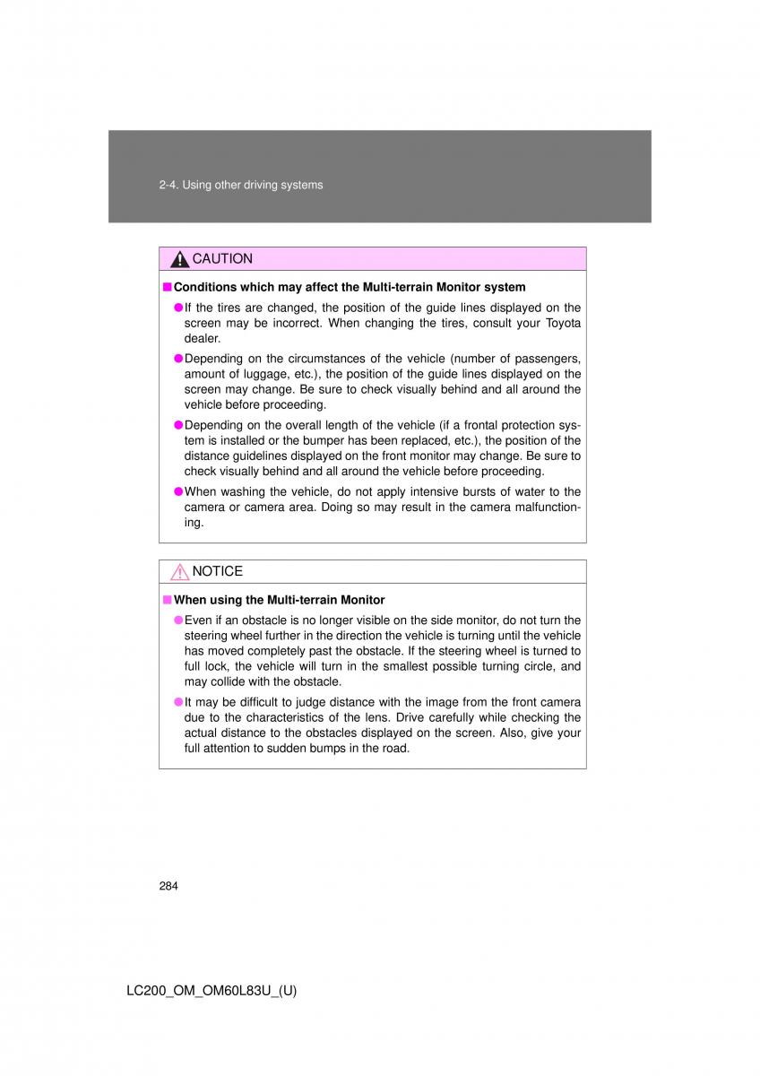 Toyota Land Cruiser J200 owners manual / page 284
