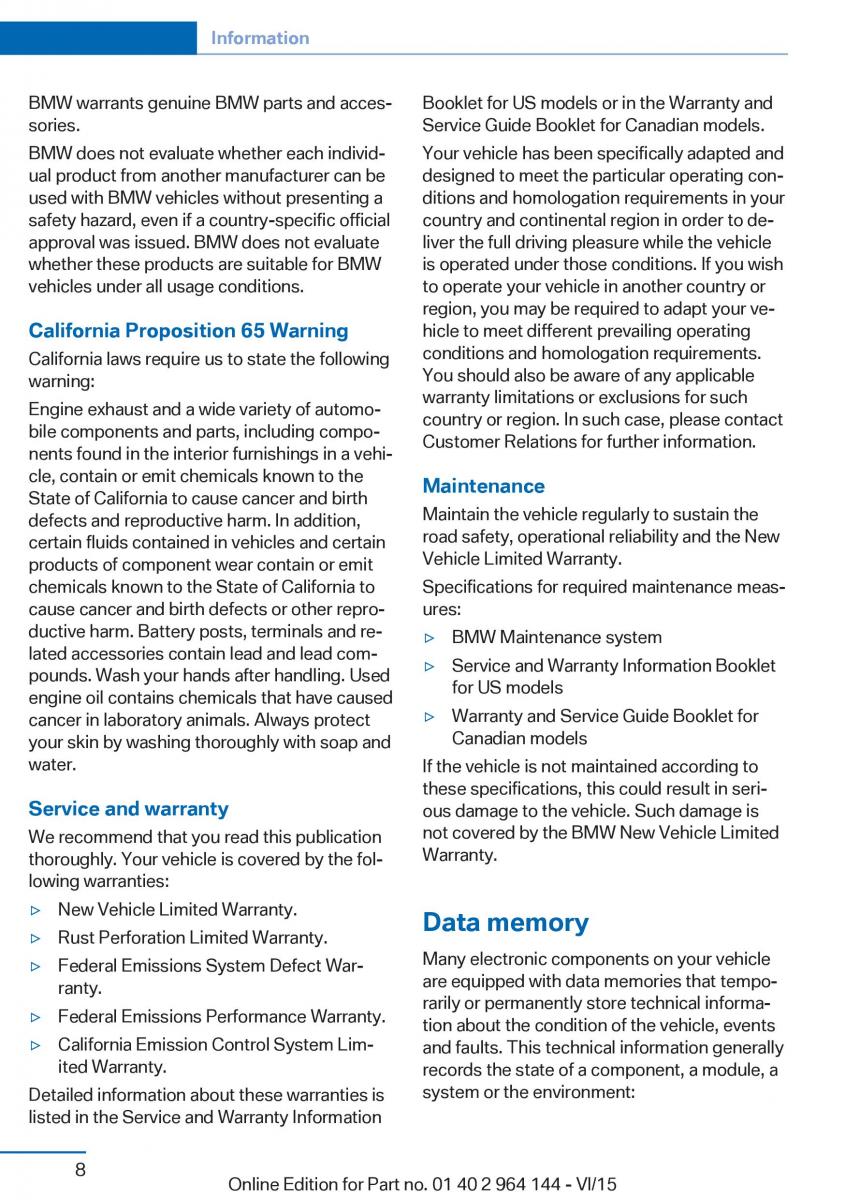 BMW X4 F26 owners manual / page 8