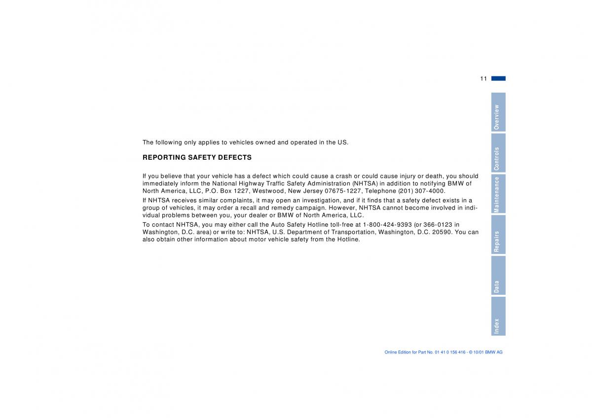 BMW X5 E53 owners manual / page 11