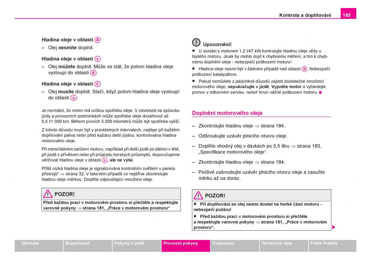 Skoda Fabia I 1 navod k obsludze / page 186