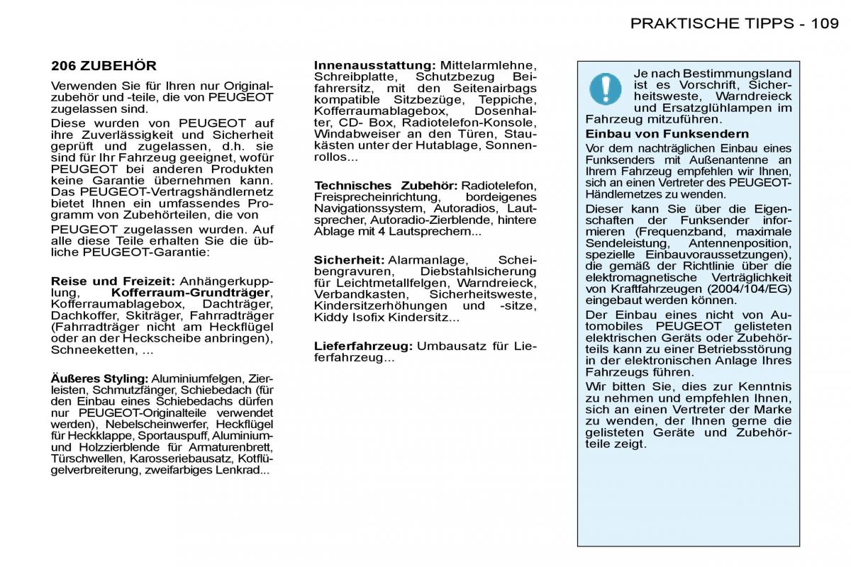 Peugeot 206 Handbuch / page 116