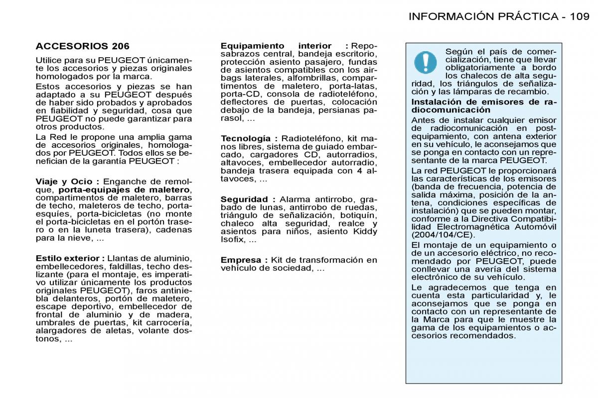Peugeot 206 manual del propietario / page 116