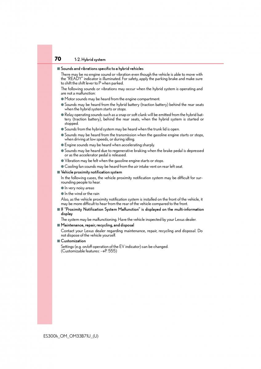 Lexus ES300h VI 6 XV60 owners manual / page 70