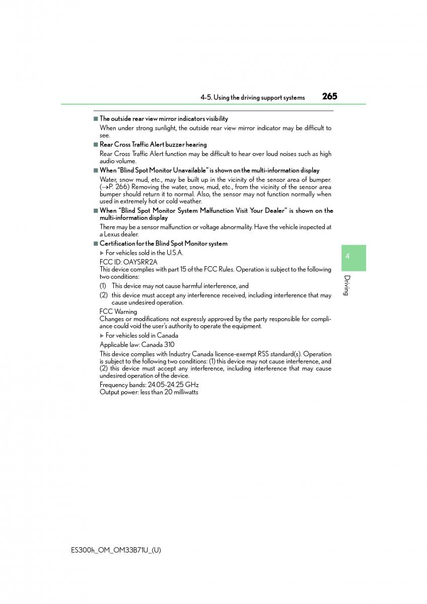 Lexus ES300h VI 6 XV60 owners manual / page 265