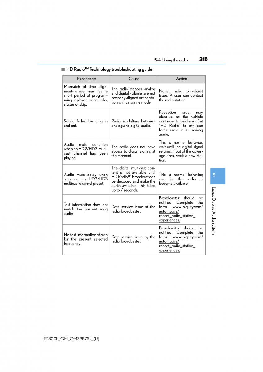 Lexus ES300h VI 6 XV60 owners manual / page 315