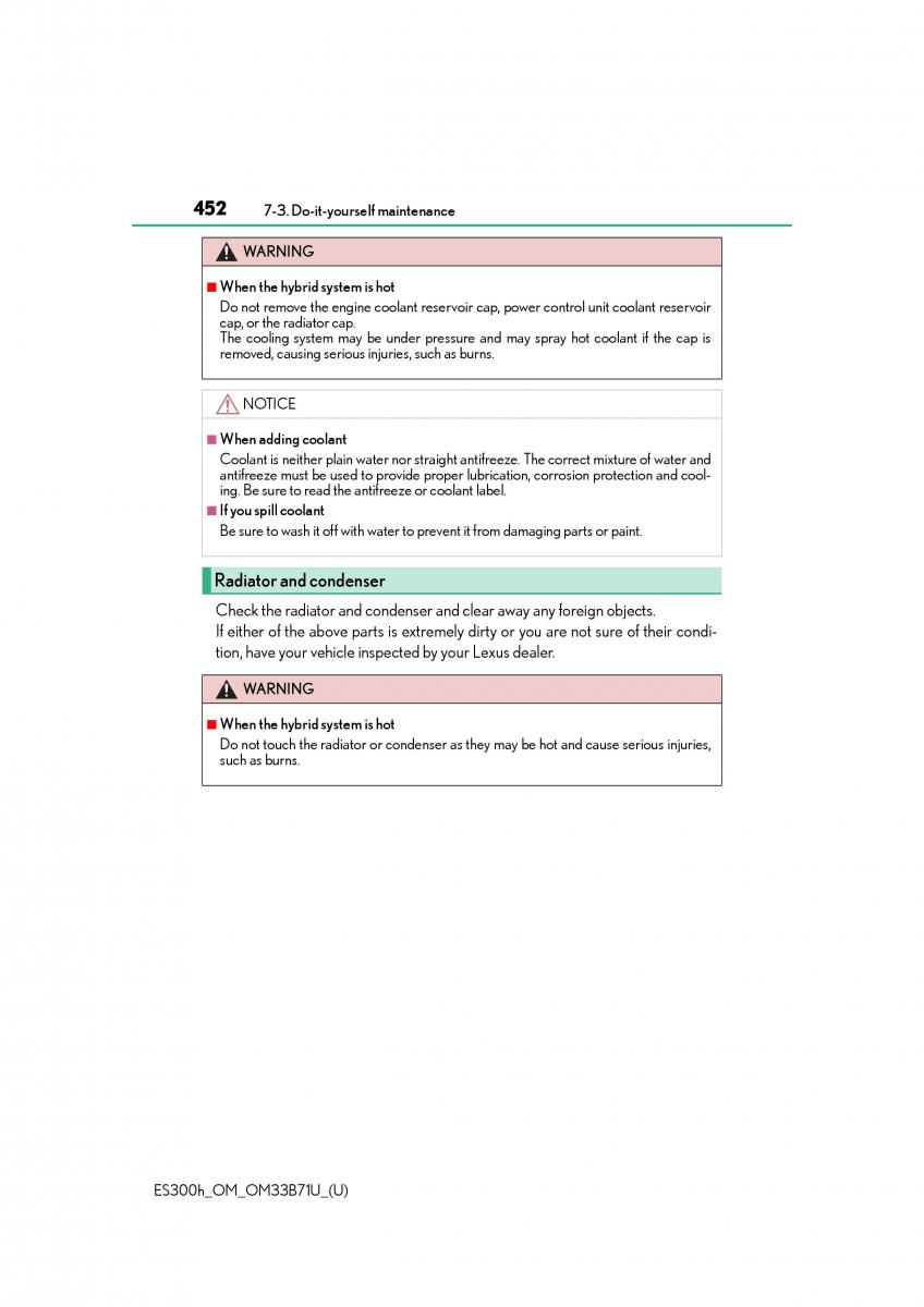Lexus ES300h VI 6 XV60 owners manual / page 452