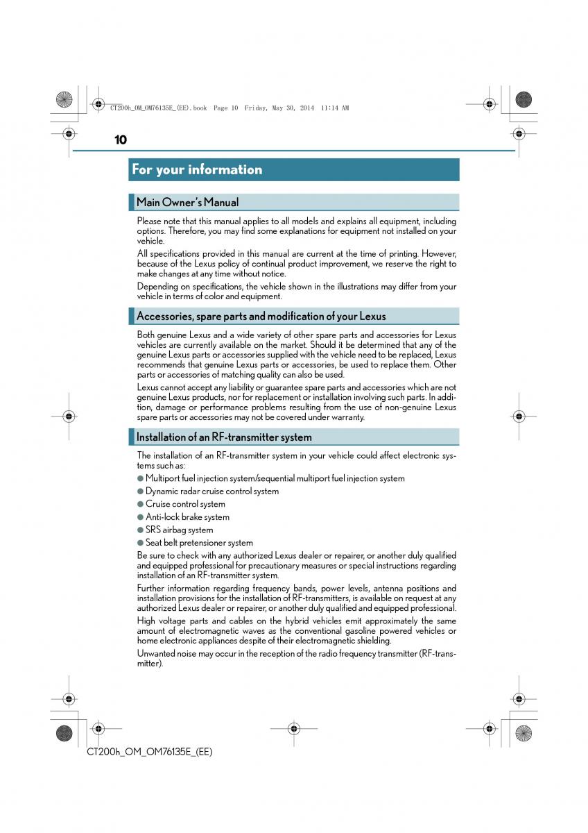 Lexus CT200h owners manual / page 10