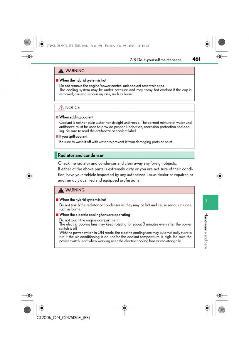 Lexus CT200h owners manual / page 461