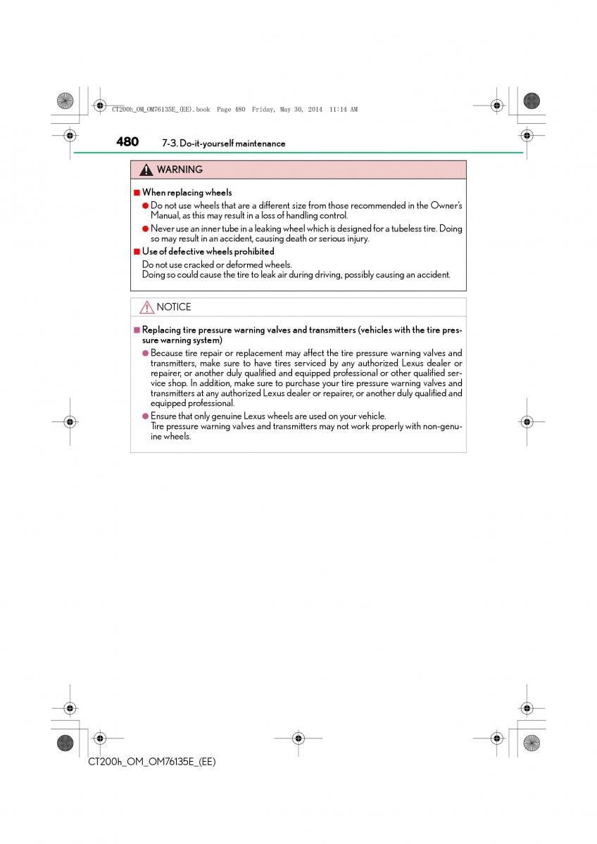 Lexus CT200h owners manual / page 480