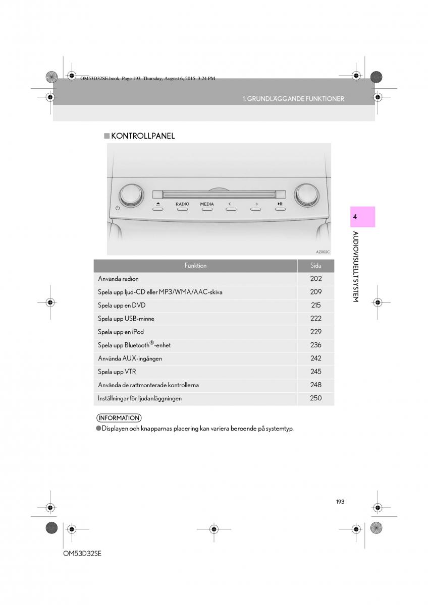 Lexus IS300h III 3 instruktionsbok / page 193