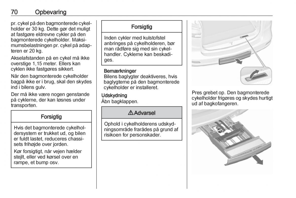 Opel Zafira C FL Bilens instruktionsbog / page 72