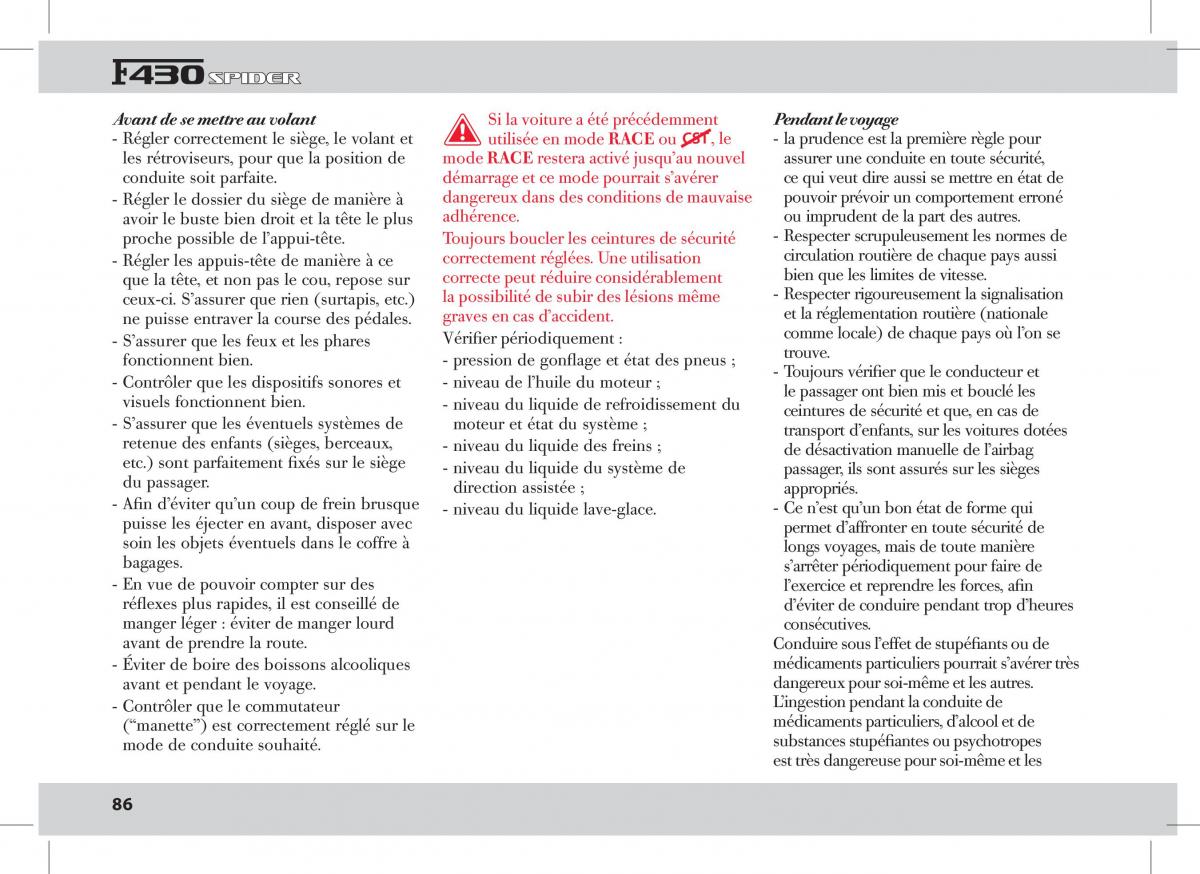 Ferrari 430 Spider manuel du proprietaire / page 86
