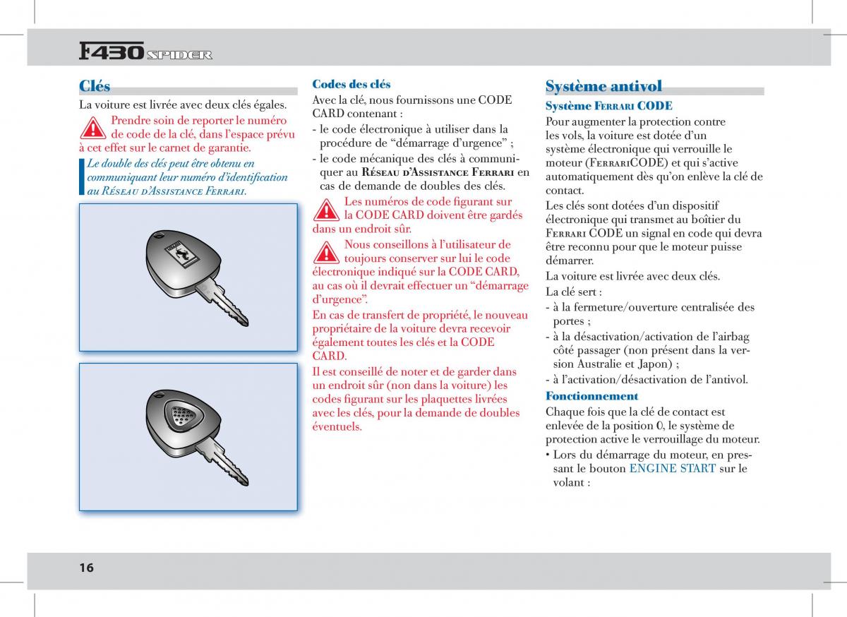 manual  Ferrari 430 Spider manuel du proprietaire / page 16
