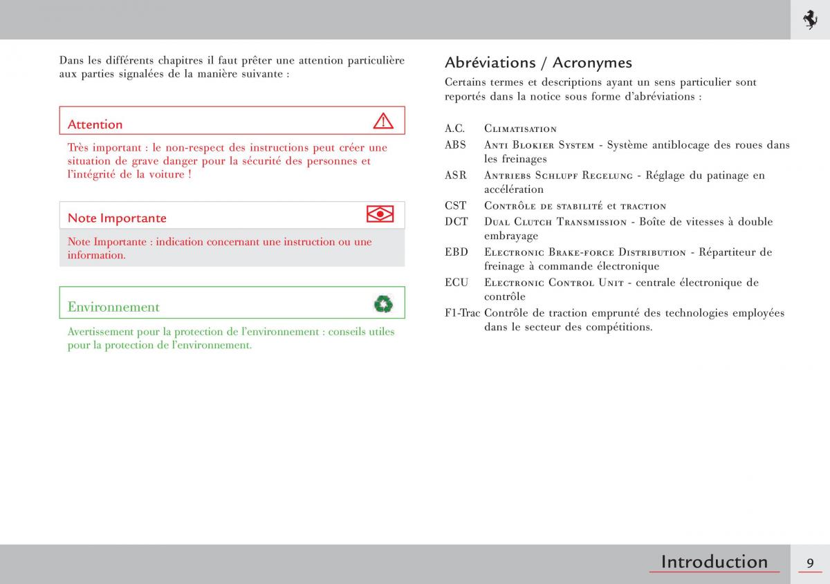 Ferrari 458 Italia manuel du proprietaire / page 9