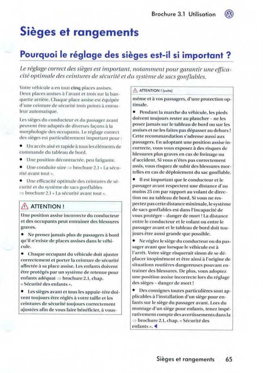 VW Golf V 5 manuel du proprietaire / page 68