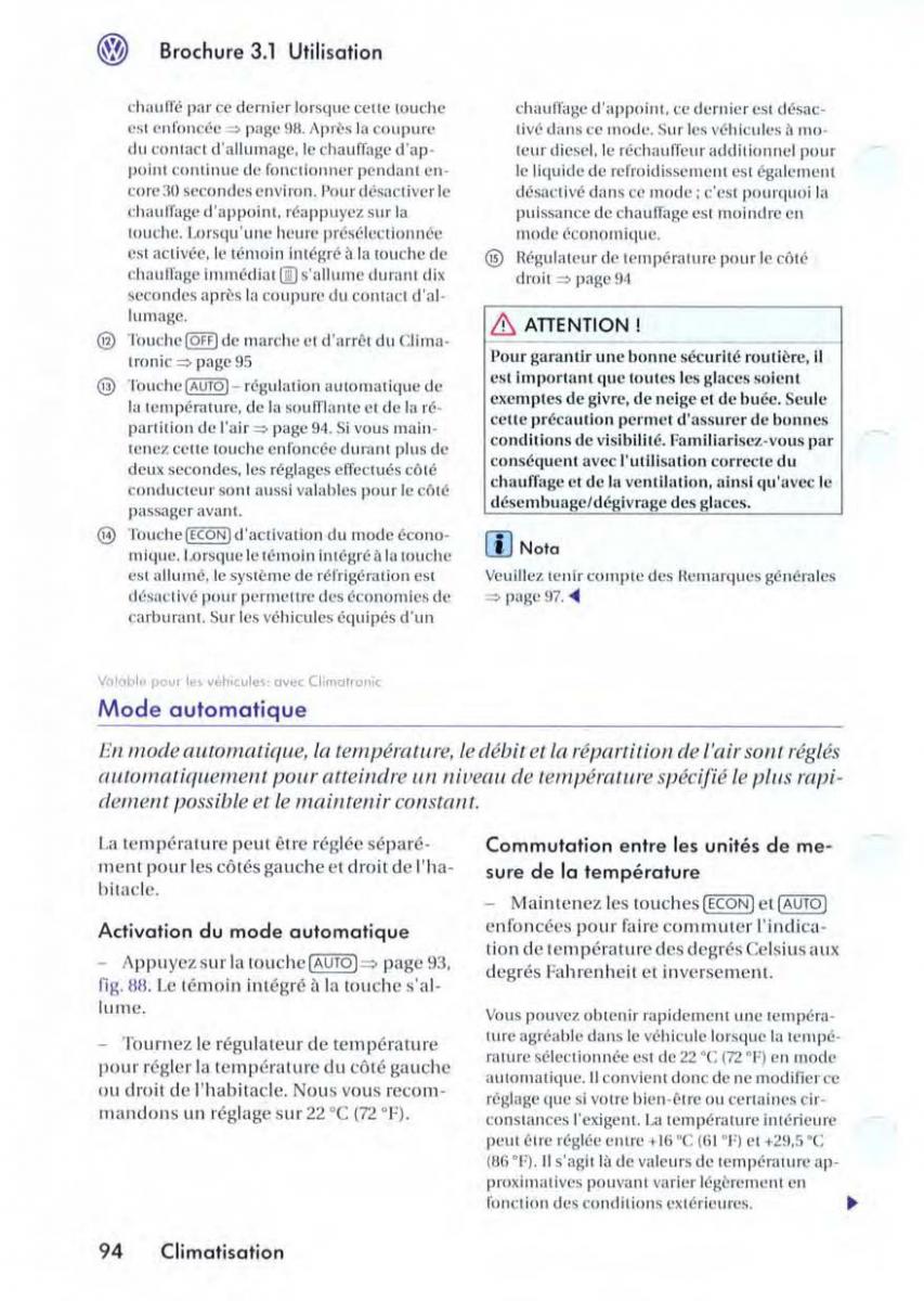 VW Golf V 5 manuel du proprietaire / page 98