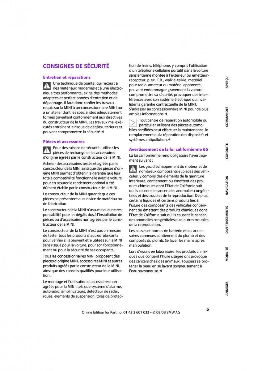 manual  Mini Clubman manuel du proprietaire / page 7