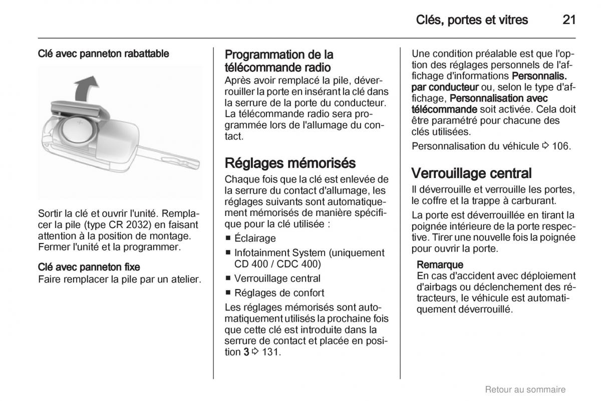 Opel Meriva B manuel du proprietaire / page 21